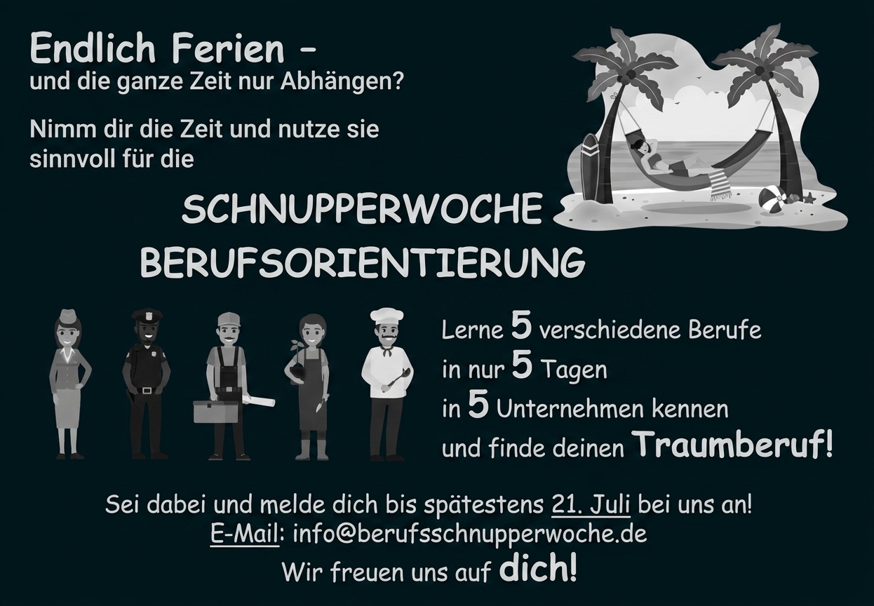 Plakat zur Berufsorientierung mit Ferien-Schnupperwoche und verschiedenen Berufen.